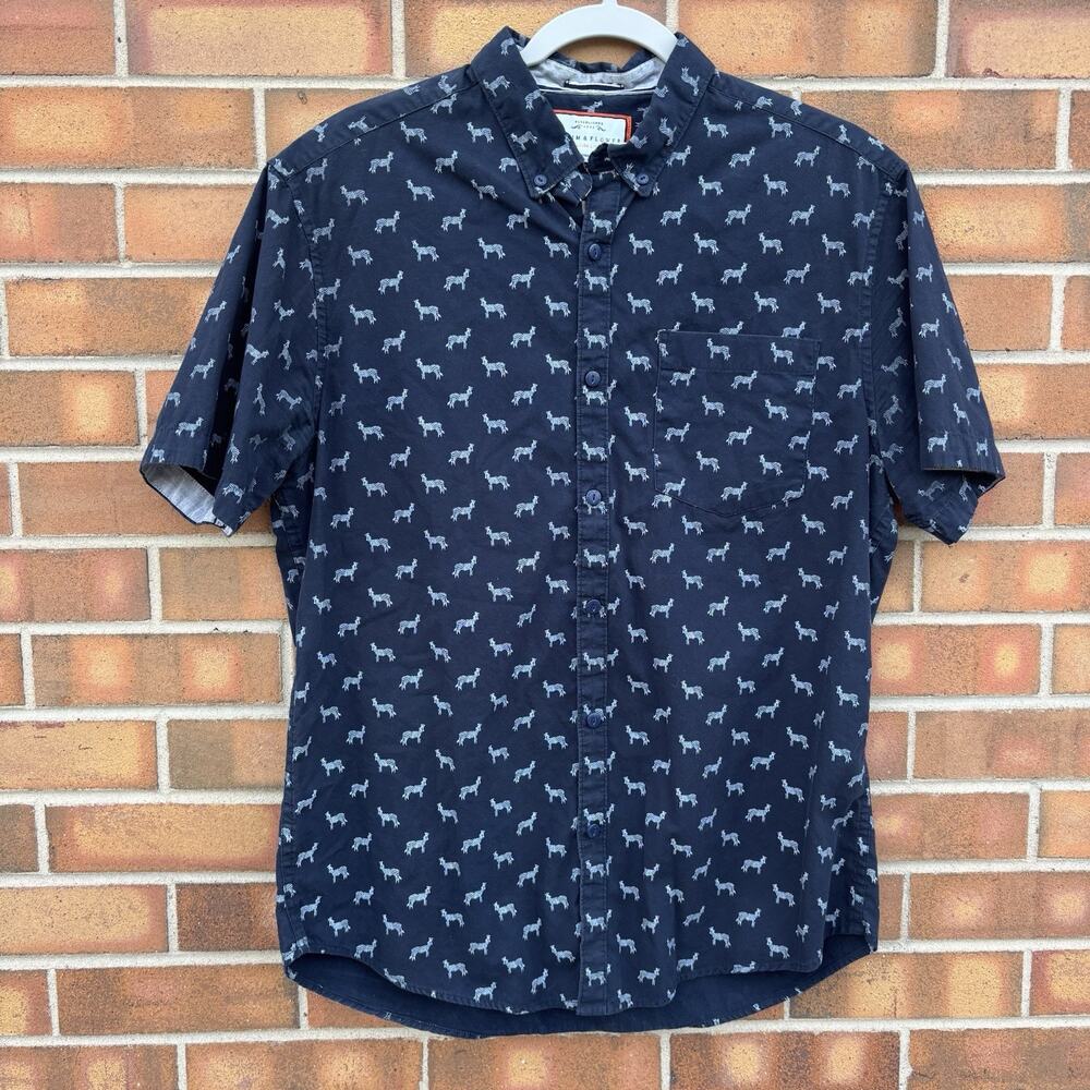 Denim & Flower Mens Large Slim Fit Short Sleeve Navy Blue Zebra Shirt Button Up